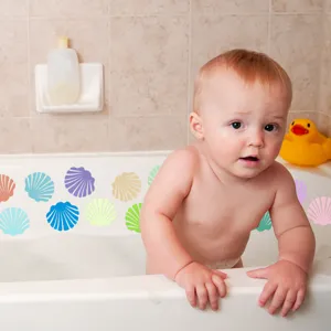 Detailed view of colorful seashell non slip bathtub stickers, ideal for safe baby bath time.