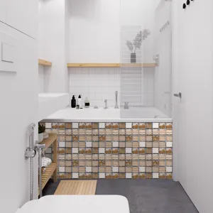 Detailed view of mosaic tile sticker, waterproof DIY wall and floor decor for home renovation.