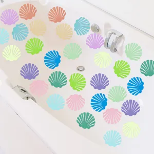 Detailed view of colorful seashell anti-slip bathtub stickers, matte safety bathroom decor.