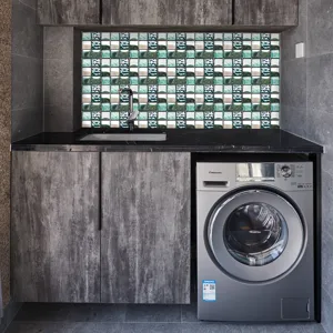 Mosaic tile sticker waterproof wall decor for kitchen backsplash and laundry room interior.