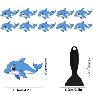 Bathroom anti slip bathtub stickers detail view showing dolphin design and scraper size dimensions.