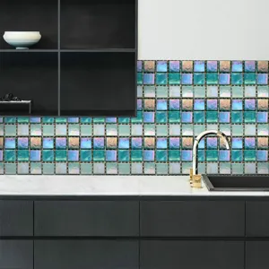 Detail view of iridescent mosaic tile stickers for kitchen backsplash DIY waterproof wall decor.