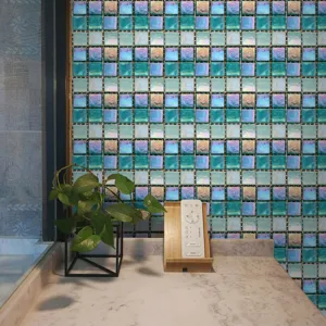 Detailed view of iridescent mosaic tile wall sticker, waterproof DIY decorative wall paper for home.