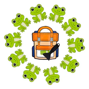 Close-up detail of cartoon frog and backpack shaped anti-slip bathtub stickers, matte surface.