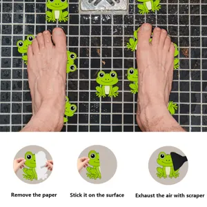Bathroom anti-slip frog stickers detail view, showing installation steps and floor usage.
