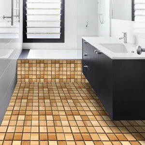 Waterproof wood grain mosaic tile stickers for bathroom floor and wall DIY home decor.