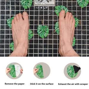 Monstera leaf bathroom anti-slip stickers detailed view showing installation steps and usage.