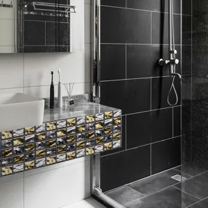3D metallic mosaic tile sticker waterproof self-adhesive wall sticker for bathroom decor.