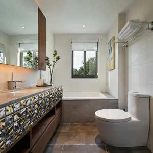 Detailed view of waterproof mosaic tile stickers for bathroom vanity furniture decoration.