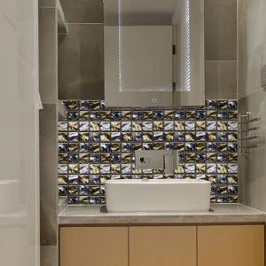 Waterproof mosaic tile sticker scene in bathroom showing stylish self-adhesive wall decor.