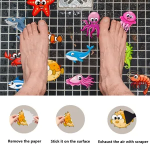 Detail view of cartoon animal anti-slip bathtub stickers showing easy step-by-step installation.