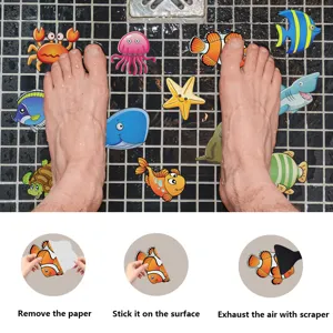 Detail view showing application steps of anti-slip bath stickers on tiled bathroom floors.