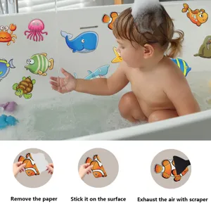 Anti-slip bathtub stickers detail showing cute cartoon sea animals and easy installation steps.