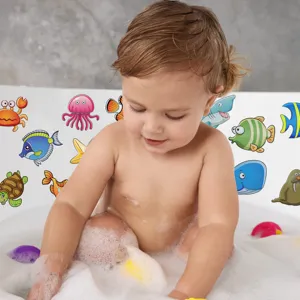 Non-slip bathtub stickers with cute cartoon sea animals for kids bath safety and fun decor.