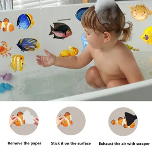 Detailed view of non-slip bathtub stickers with marine animal designs and clear setup steps.