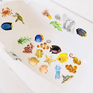 Detail shot of colorful waterproof ocean animals anti-slip stickers for bathtub and bathroom floor.