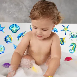 Detail view of colorful marine animal bath tub anti slip stickers for safe baby showering.