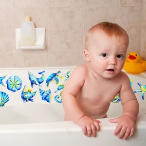 Waterproof ocean animal anti-slip stickers detail showing cute sea turtle and fish in bathtub.