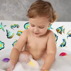 Detailed view of cute marine animal anti-slip bathtub stickers used safely in a kid's bath.