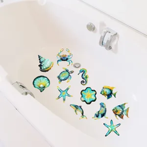 Detail view of ocean animal non slip bathtub stickers featuring cute sea life designs for safety.