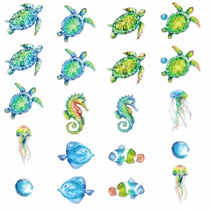 Watercolor marine animal anti-slip bathtub stickers size chart showing various sea creatures.