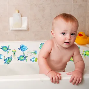 Non-slip bathtub stickers with cute marine animal designs, waterproof safety strips for kids.