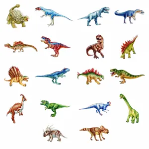 Detailed size chart showing dimensions for various colorful dinosaur stickers and toy models.