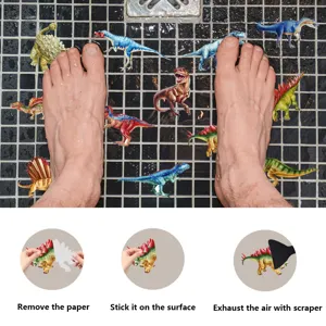 Detailed view of cute dinosaur non-slip stickers applied on bathroom tiles with feet for demo.
