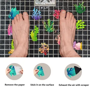 Detailed installation guide showing anti slip bathroom bathtub stickers with cute seaweed designs.