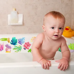Non-slip bathtub stickers detail scene showing colorful coral marine plants in use during baby bath.