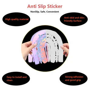 Detail view of rainbow anti slip stickers showing strong adhesion, textured surface and easy use.