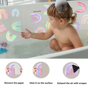 Non-slip bathtub stickers with colorful glitter rainbow design for safe baby bath time use.