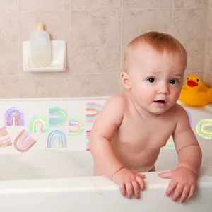 Colorful watercolor rainbow anti slip bathtub stickers for baby safety in bathroom shower.
