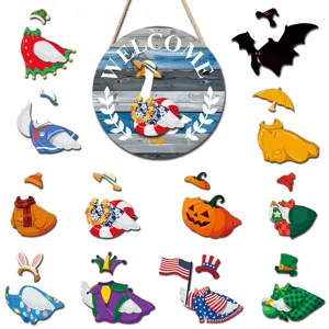 Interchangeable seasonal welcome sign with cute goose and multiple holiday outfits and icons.
