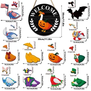 Interchangeable holiday wooden welcome sign set with multiple seasonal hanging accessories.