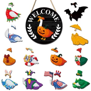 Interchangeable seasonal goose door sign with multiple holiday outfits for front porch decor.