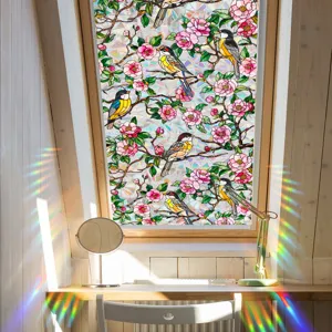 Colorful floral bird stained glass window film static cling PVC removable window sticker