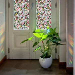 Stained glass window film with colorful flowers and birds design, removable static cling privacy film.