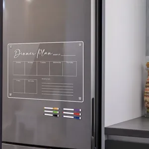 Clear acrylic magnetic weekly meal planner board for refrigerator with dry erase markers.