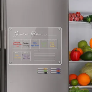 Clear acrylic magnetic weekly planner board detail showing meal plan text and colorful markers.
