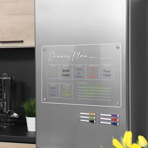 Clear acrylic magnetic weekly planner board for refrigerator, dinner menu and memo pad with pens.