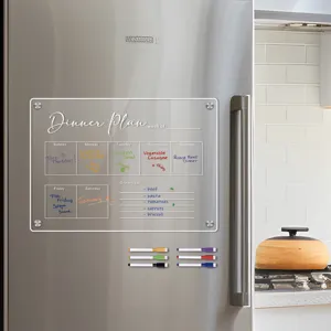 Clear acrylic magnetic dry erase weekly menu planner board for refrigerator kitchen use.