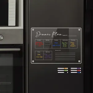 Acrylic magnetic weekly dinner plan board for kitchen refrigerator with erasable markers.