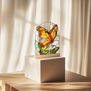 Stained glass style butterfly acrylic tabletop ornament with wood base decor for home desk.