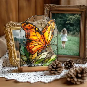Stained glass style butterfly acrylic ornament detail, gorgeous desktop decor with wood base.
