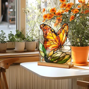Butterfly Acrylic Tabletop Ornament Imitation Stained Glass Floral Desktop Decoration With Wooden Base For Home Office
