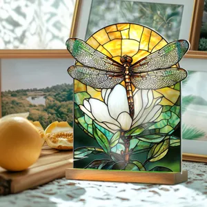 Acrylic Dragonfly Floral Desk Ornament Stained Glass Effect Tabletop Decor with Wooden Base Minimalist Home Decoration