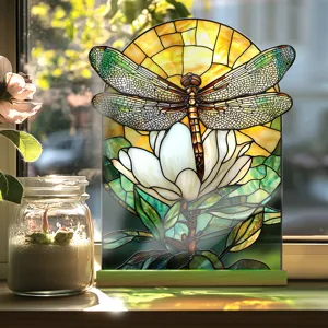 Stained glass style dragonfly and flower acrylic tabletop decorative ornament with wood base.