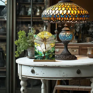 Dragonfly and floral acrylic tabletop decoration with wood base, vintage stained glass style.