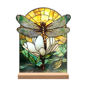 Stained glass style dragonfly acrylic tabletop ornament with wooden base for home decor